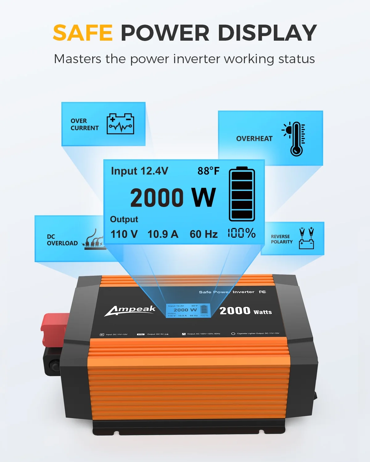 Ampeak 2000 Watt Power Inverter 3 AC Outlets and USB Port DC 12V to 110V AC Car Converter with Remote Control