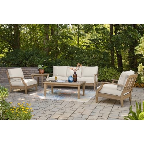 Signature Design by Ashley Carter Hall Outdoor Eucalyptus Patio Sofa with Cushion, Beige