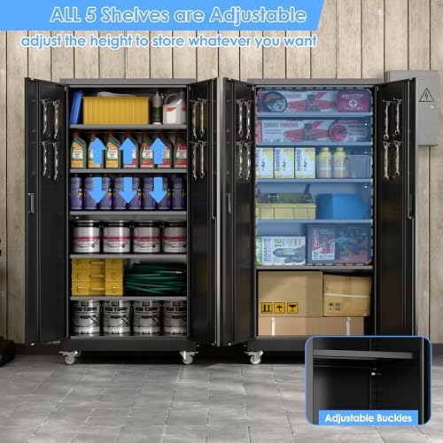 Aobabo Garage Storage Cabinet with Wheels,72" H Metal Storage Cabinet with 2 Doors and 4 Adjustable Shelves for Garage Home, Black,Required-Assembly