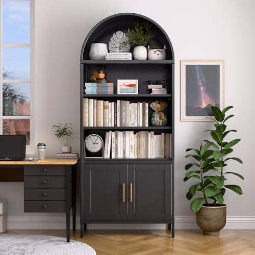73 in Tall Metal Arched Bookcase, 5-Tier Arched Bookcase with Doors, Modern Farmhouse Bookshelf with 2 Adjustable Shelves, Kitchen Pantry Cabinet for Living Room, Black, Assembly Required