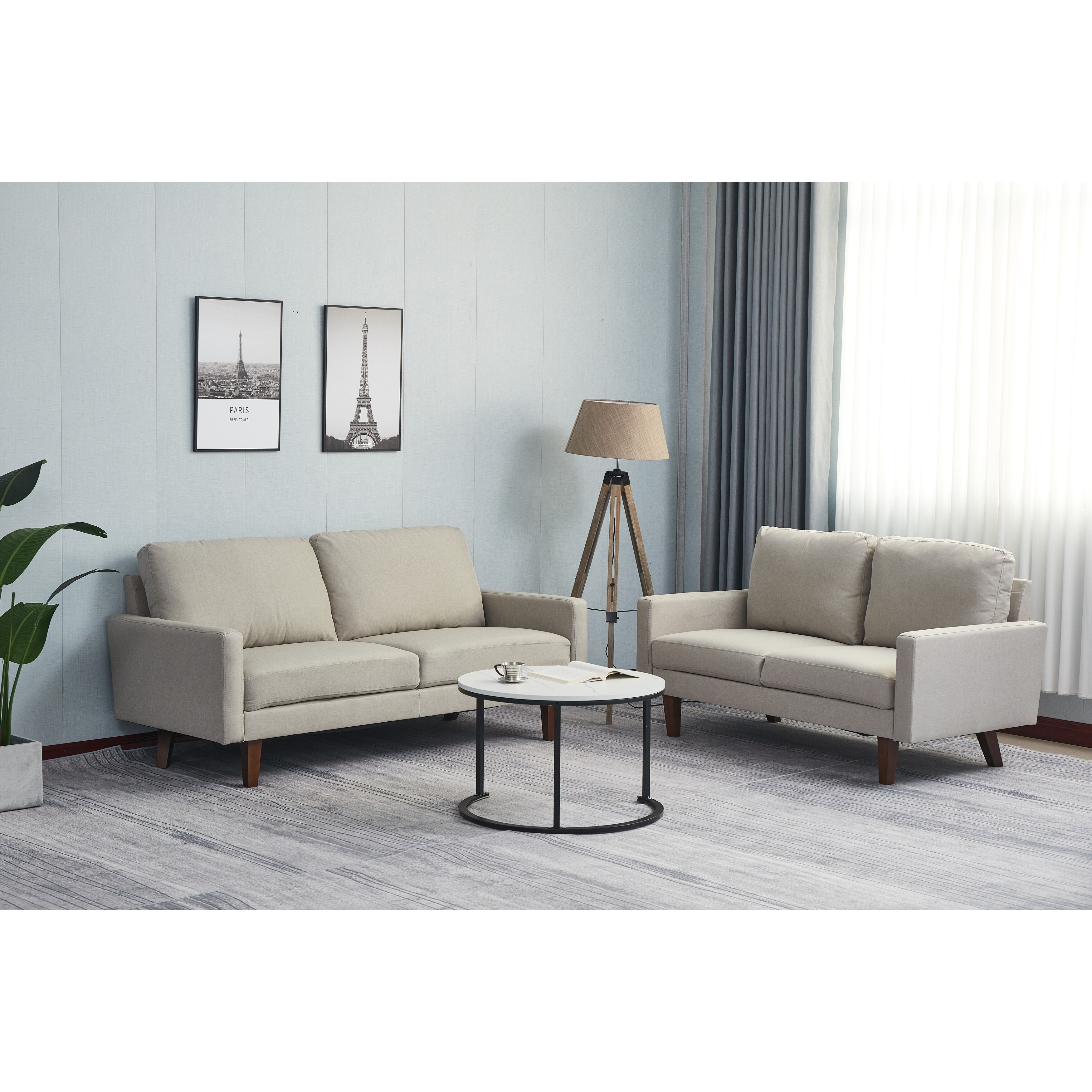 Linen 2 Piece Loveseat and Sofa Living Room Set Dark Blue