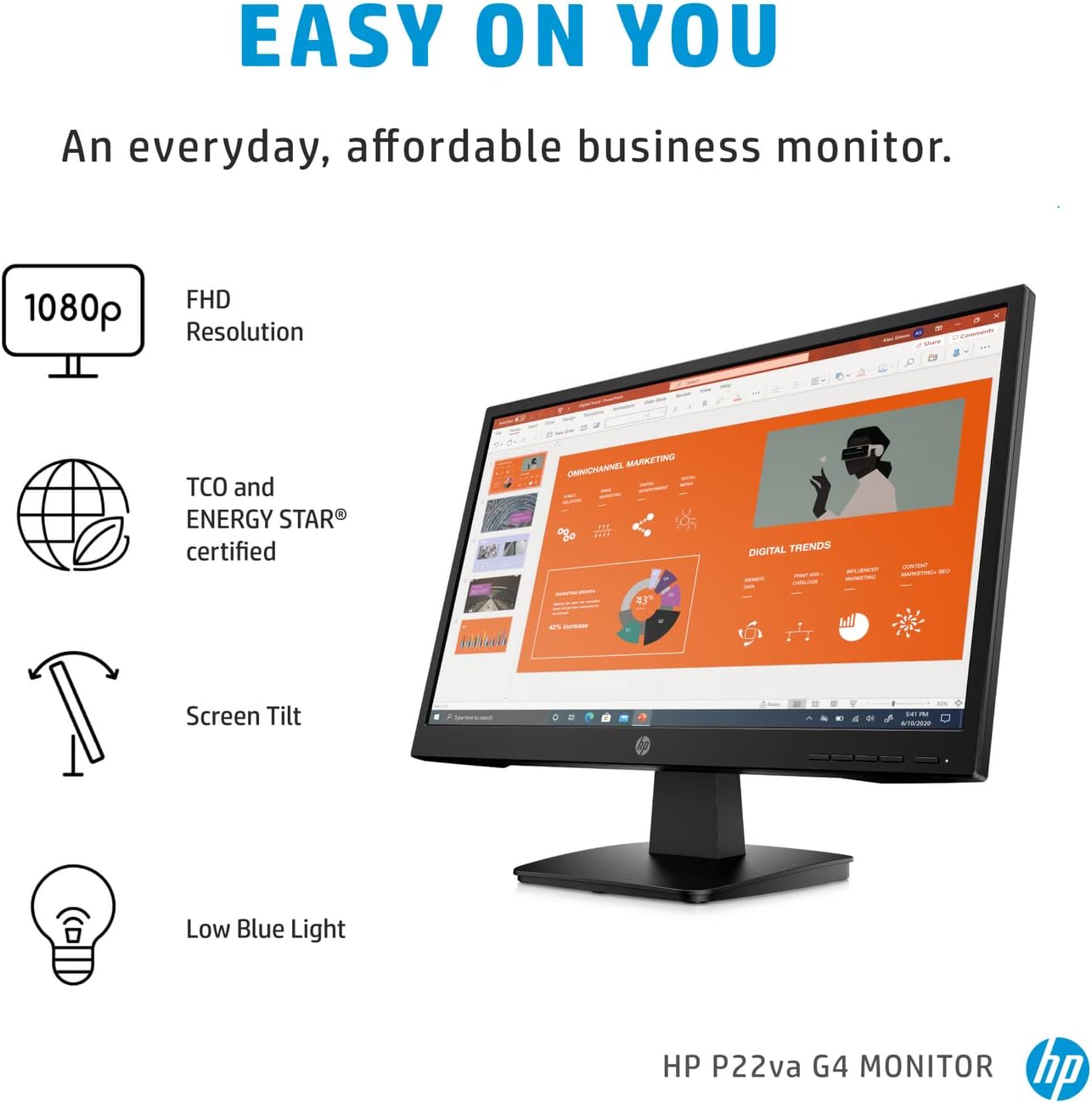 HP Newest P Series Business Monitor, 21.5" Full HD (1920 x 1080) Anti-Glare Display, Onscreen Control, Low Blue Light Mode, HDMI, VGA, VESA Mount, 1-Year Standard Warranty, Black