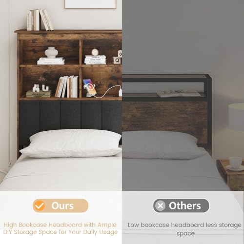 HISOFT Queen Bed Frame with Storage Headboard, Wood Bed with High Storage Bookcase, 4 Drawers & LED & Charging Station,No Box Spring Needed/Noise Free/All-Metal Support, Rustic Grey