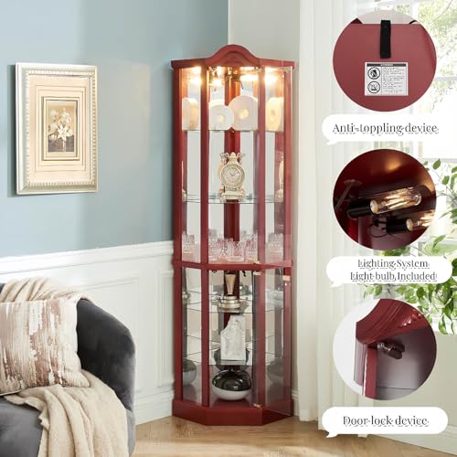 Glass Display Cabinet with Glass Doors, Corner Curio Cabinet with 4 Adjustable Glass Shelves, China Cabinet with Wooden Flower Carving for Living Room, Hallway, Cherry