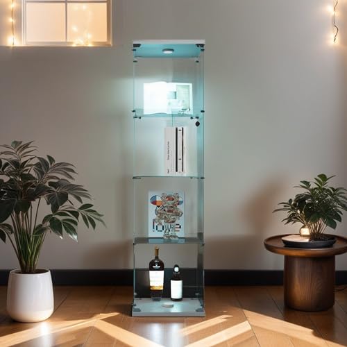 4-Tier Glass Display Cabinet with Metal Lock, 5mm Tempered Glass Curio Cabinet Collection Display Case, Floor Standing Glass Curio Cabinet Showcase,16.7" W x 14.3" D x 64.5" H
