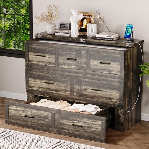 Bellemave Queen Murphy Bed, Cabinet Bed with Charging Station and Storage, Farmhouse Murphy Cabinet with Foldable Panel, Noisy Free, for Guest Bedroom, Living Room, Office, Rustic Gray