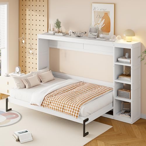 Wooden Murphy Cabinet Bed Frame with Charging Station, Full-Size Foldable Wall Bed with Large Storage Drawer for Home Apartment Limited Living Places, Space-Saving Hidden Bed No Box Spring Needed