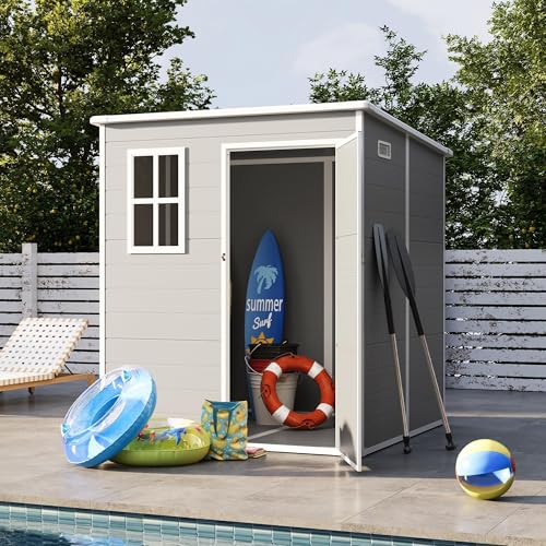 UDPATIO Outdoor Storage Shed 6 x 6 FT, Resin Garden Sheds with Floor Plastic Patio Outdoor Storage Shed with Lockable Door for Tool, Bike, Garbage Gray White