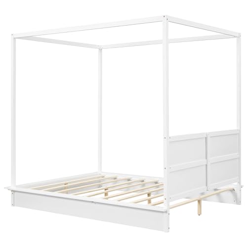 Bellemave Canopy Bed Frame Wood Four Posters Twin/Full/Queen/King LED Platform Bed with Built-in Headboard Strong Wooden Slat Support, No Box Spring Needed,White (Full)