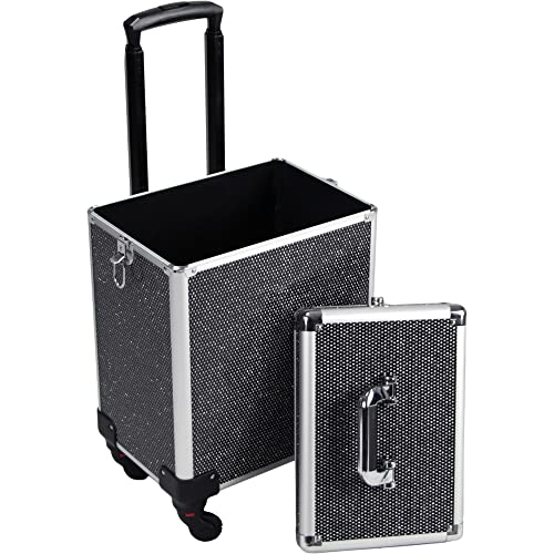 4 in 1 Rolling Makeup Train Case, Aluminum Makeup Travel Organizer Cosmetic Case, Cosmetology Display Suitcase on Wheels, Beauty Storage Luggage Lockable w/4 Removable Wheels(Silver)