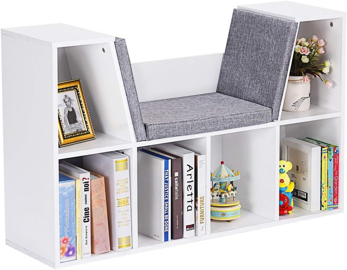 6-Cubby Kid Storage Bookcase Cushioned Reading Nook Versatile Bench Design Ample Storage Space
