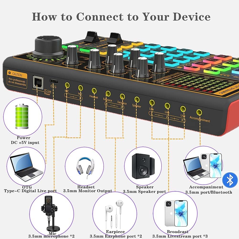 Sound Mixer Board, LED Light Voice Changer Sound Card with Multiple Sound Effects - Live Sound Card for Live Streaming, Audio Mixer for Music Recording Karaoke Singing Broadcast on Cell Phone Computer Pack of 2