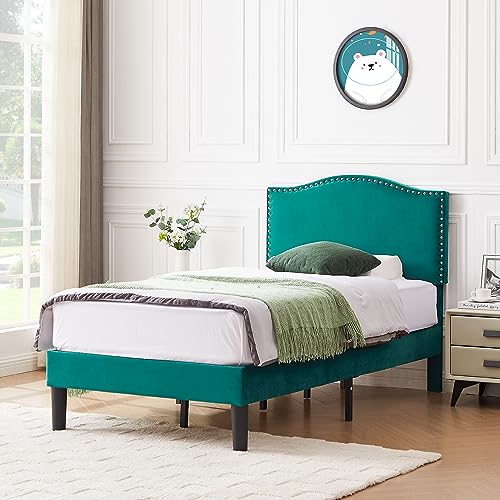 VECELO Twin Bed Frame Platform Bed Frame with Upholstered Headboard, Strong Frame and Wooden Slats Support, Strong Weight Capacity, Non-Slip and Noise-Free, Easy Assembly,Pink