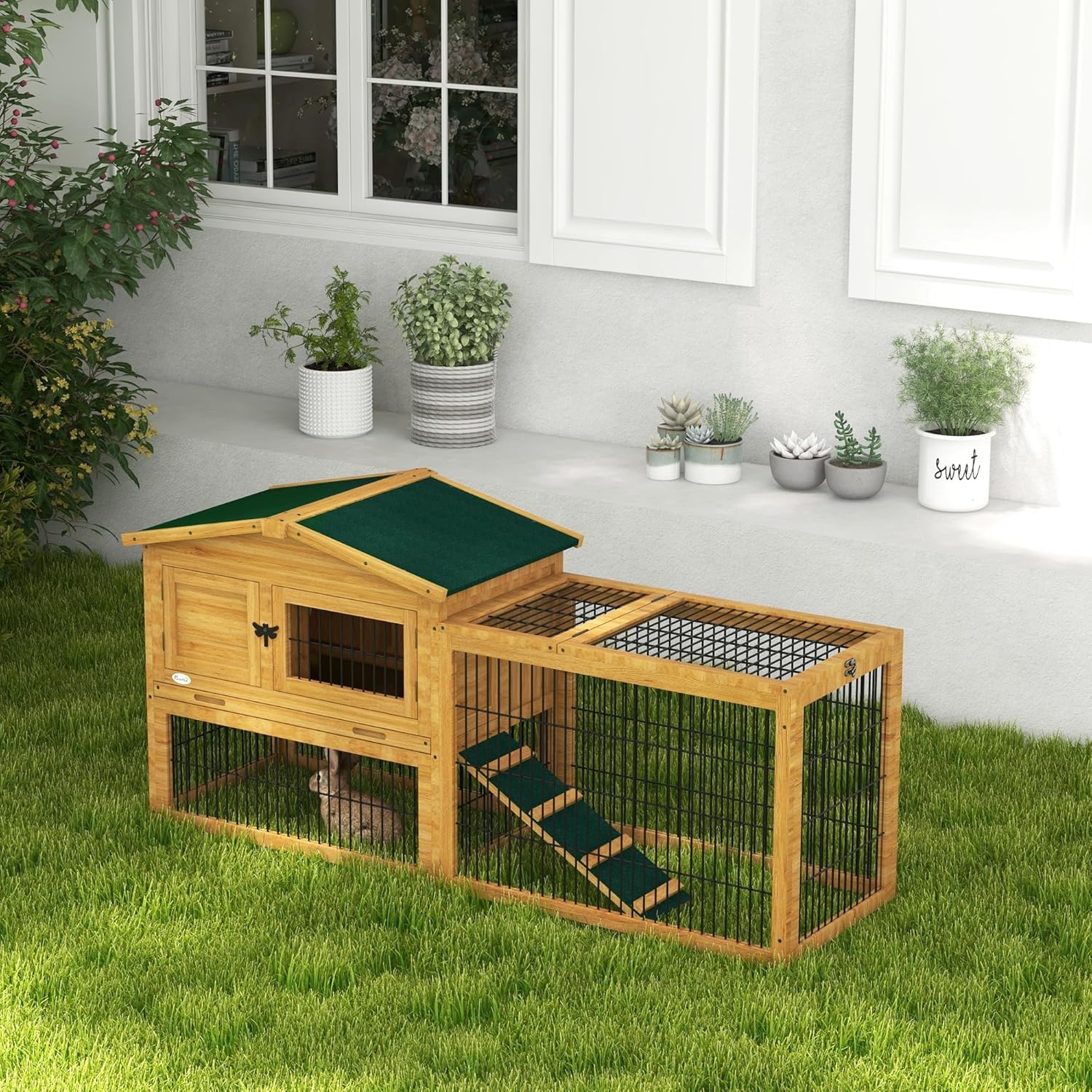 2 Levels Outdoor Rabbit Hutch with Openable Top, 59" Wooden Large Rabbit Cage with Run Weatherproof Roof, Removable Tray, Ramp, Yellow
