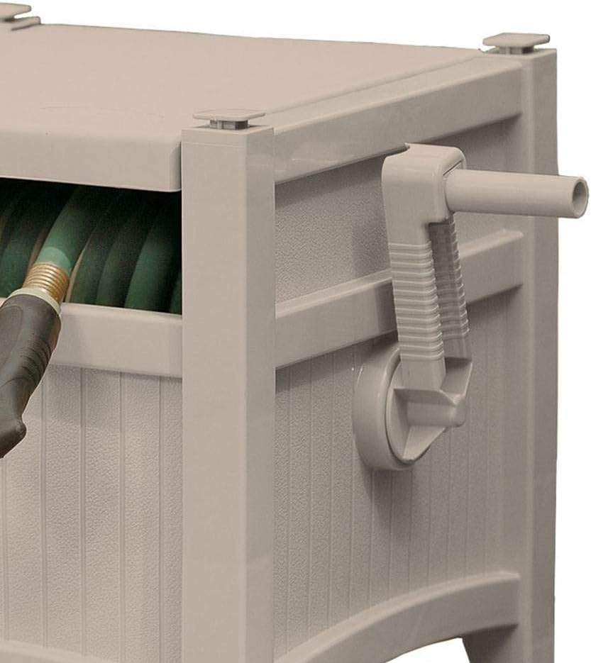 Suncast Resin Outdoor Hideaway 100 ft Durable Storage Reel with Crank Handle and Lid 100' Hose Capacity, Taupe