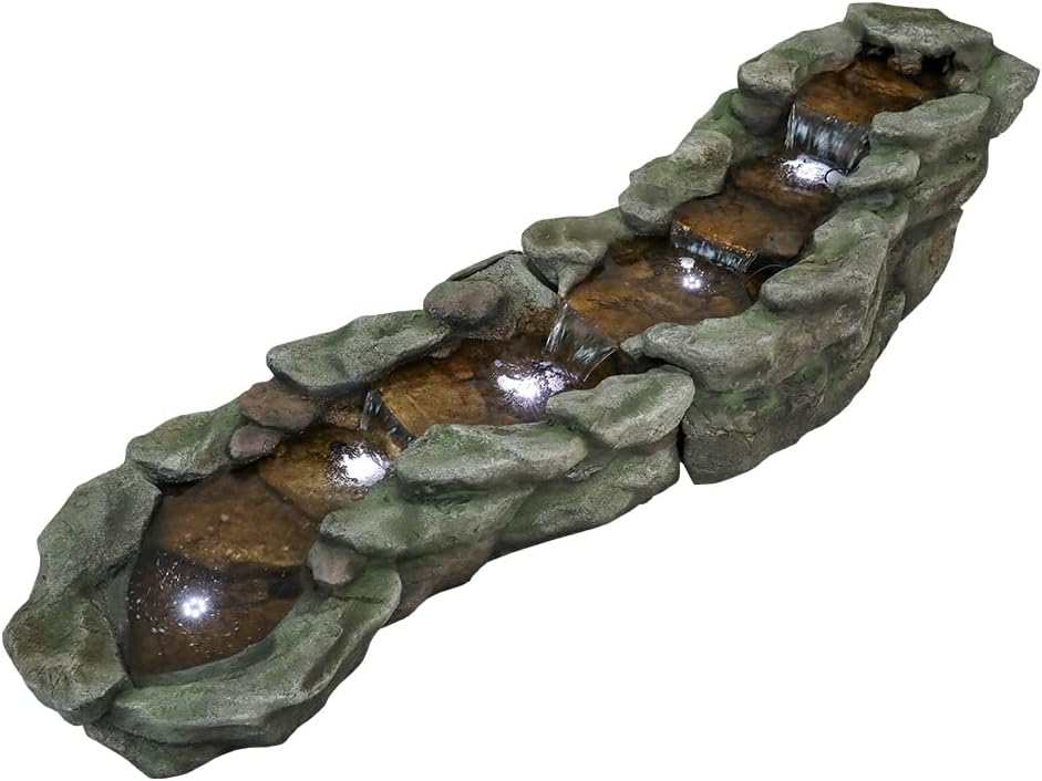 SunJet Outdoor Rock Water Fountain with LED Lights, 83.4" L x 22" W x 20" H River Stream Waterfall Feature for Home Garden, Yard, Patio, Deck Decor - Soothing Tranquility Floor-Standing Fountain
