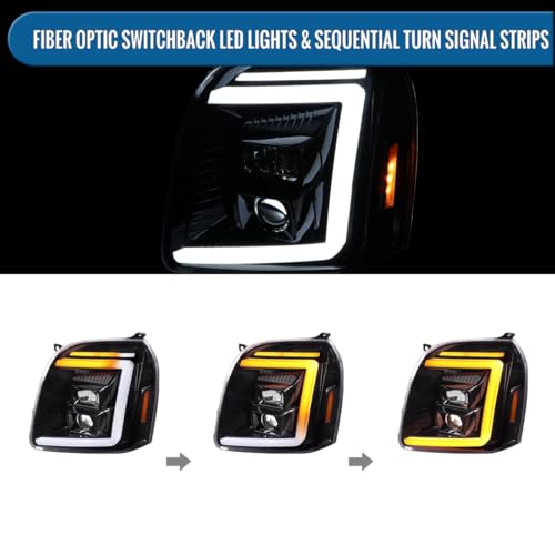 Fits 2007-2014 GMC Yukon XL 1500 2500 Upgraded LED Tube Switchback Sequential Turn Signal Projector Headlights Assembly Pair | Black Smoke