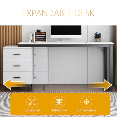 Expandable Desk with Storage Drawer, Modern Home Office Desk Student Study Table & Cpmputer Workstations(100x60x75cm, White)