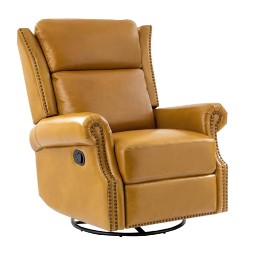 HULALA HOME Genuine Leather Swivel Rocker Recliner, Manual Glider Recliner Chair with Footrest and Lumbar Support, Pushback Recliner with Nailhead Trim and Metal Base(Saddle)