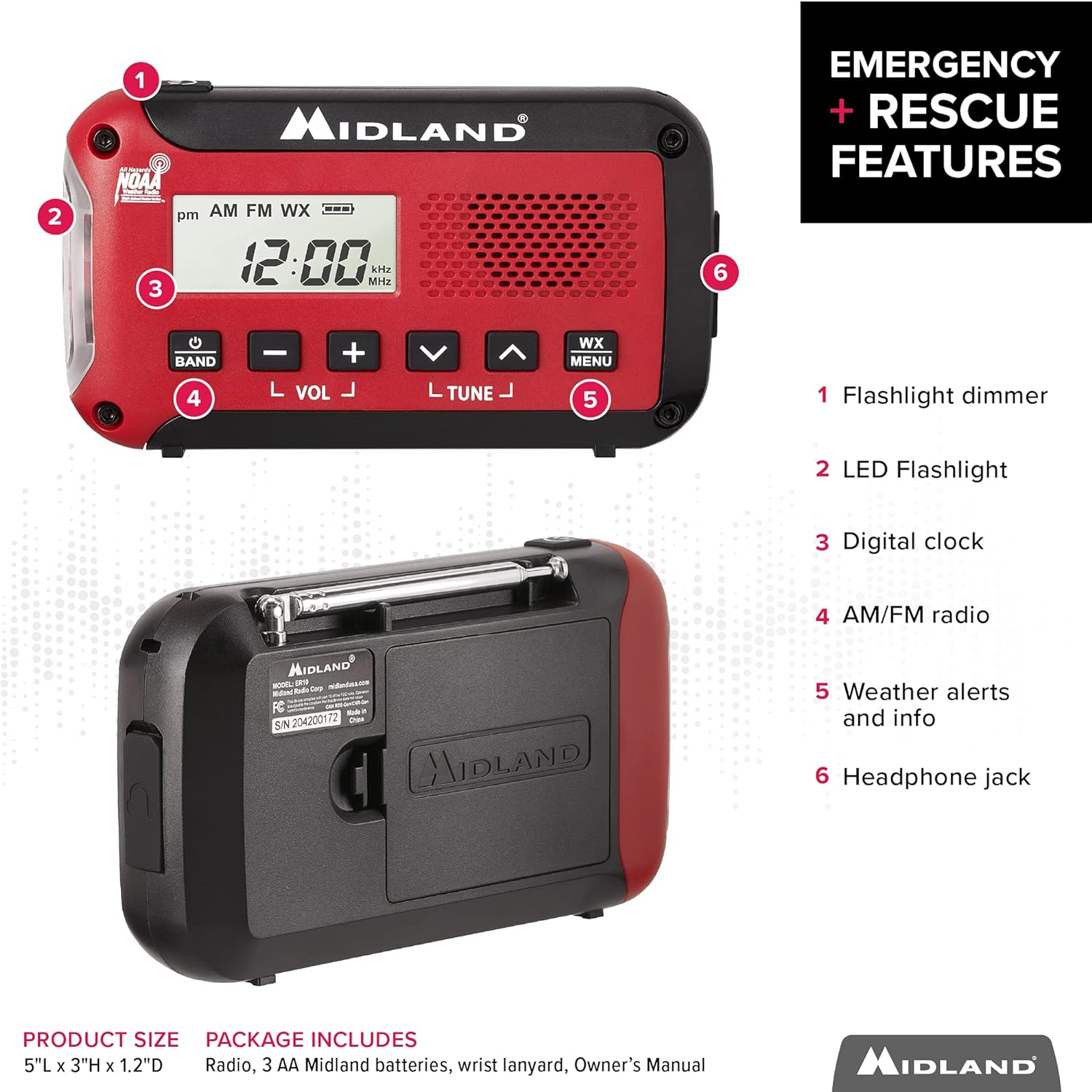 Midland - ER310, Emergency Crank Weather AM/FM Radio - Multiple Power Sources, SOS Emergency Flashlight, Ultrasonic Dog Whistle, & NOAA Weather Scan + Alert (Red/Black)