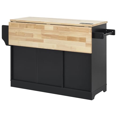 Merax 59.3" Kitchen Island with Storage, 2 Pull Out Cabinet Organizers & Rubber Wood Drop Leaf, Rolling Island Table with Trash Can Storage, Power Outlet, Spice & Towel Rack for Kitchen Dining, Black