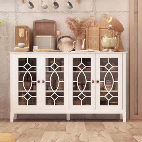 MOUMON Sideboard Storage Cabinet with Glass Doors and Adjustable Shelves, Credenza Sideboard Buffet with Wooden Legs, Buffet Table for Living Room Kitchen Black (53.9”W x 15.7”D x 31.8”H)
