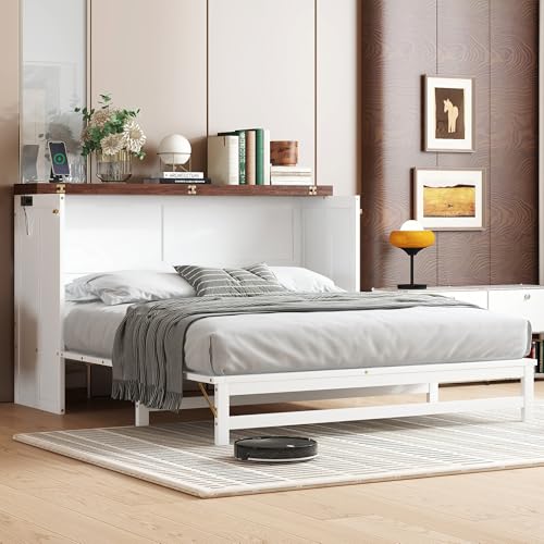 KEIKI Queen Size Murphy Bed with Charging Station, USB Ports & Storage Drawers, Pine Folding Cabinet Bed for Guest Room, Bedroom, Office, Living Room – White & Walnut (No Mattress Included)