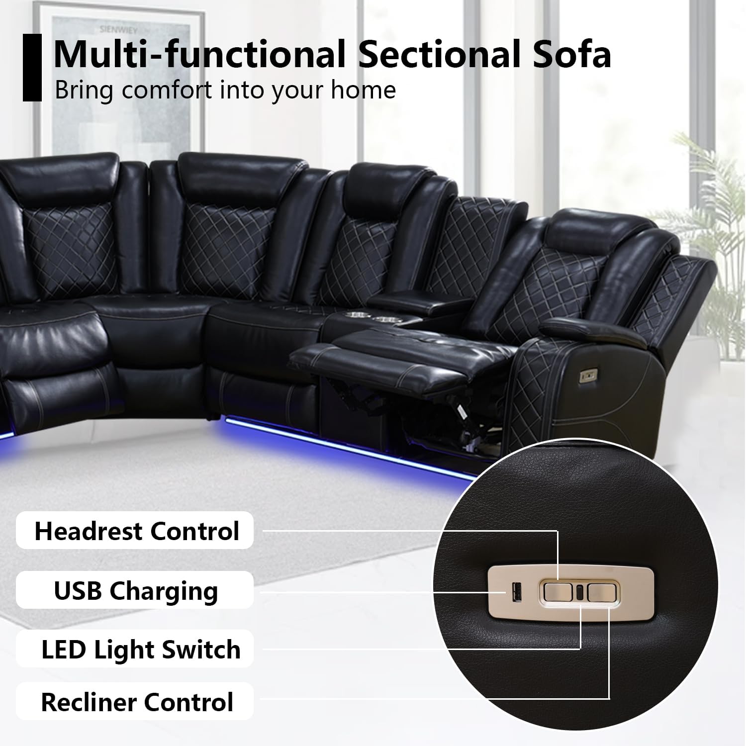Black Leather Power Reclining Sectional Sofa，Sectional Couch with Recliner Living Room Set with LED Light/Read Light/Storage Console/USB Port/Wireless Charge/Home Theater Seat