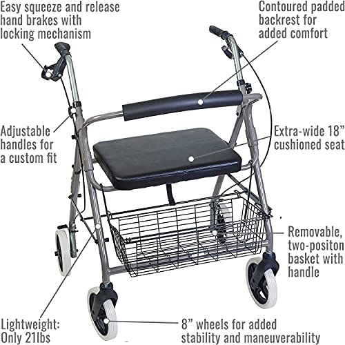 DMI Rollator Walker with Extra Wide Seat and Backrest, FSA HSA Eligible, Adjustable Handle Height, Removable Storage Basket, Burgundy