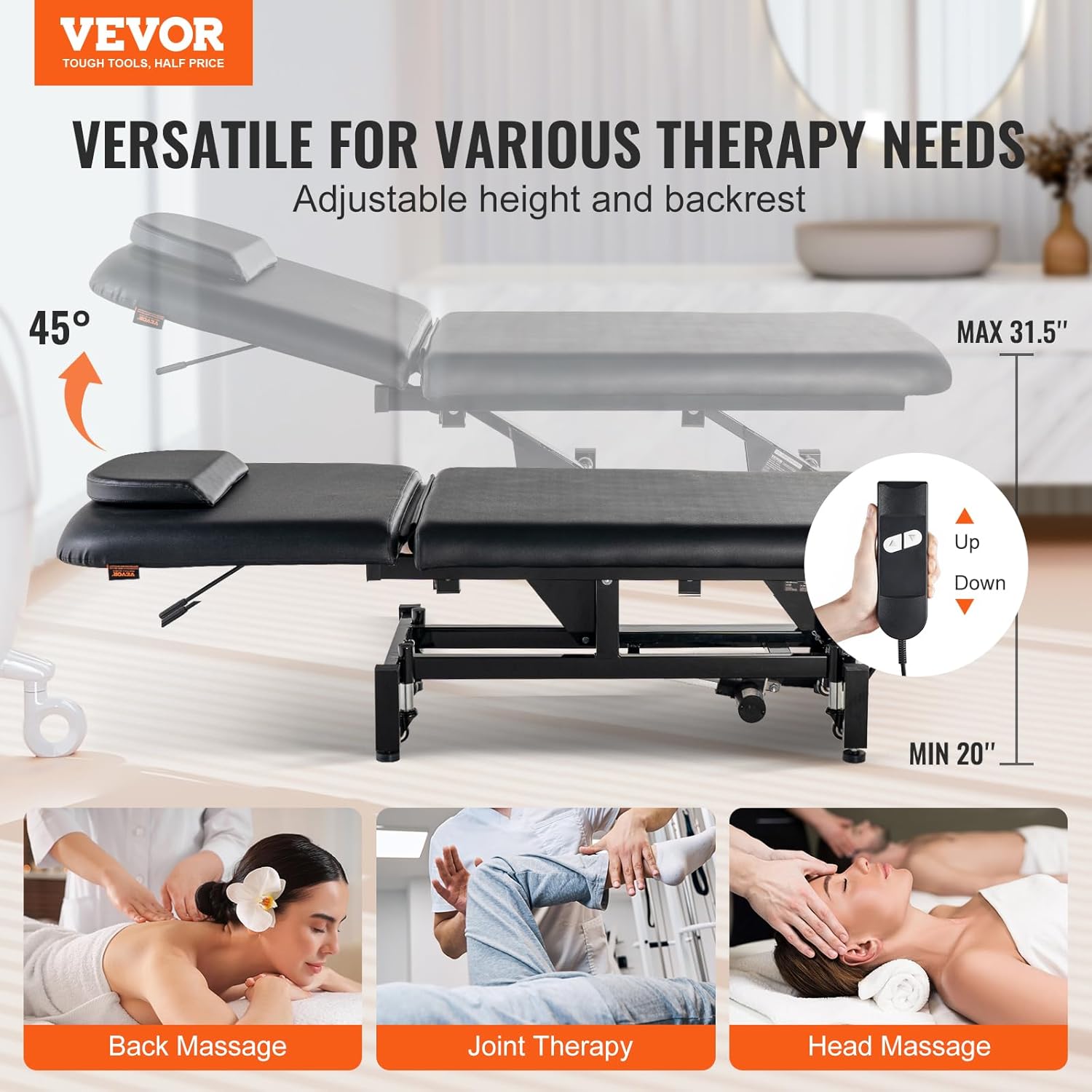 VEVOR Professional Electric Massage Table, 0-45° Adjustable Backrest Medical Table Beauty Bed, Height Adjustable Tattoo Spa Table on Wheels, Electric Lift Massage Table with Headrest, 550LBS