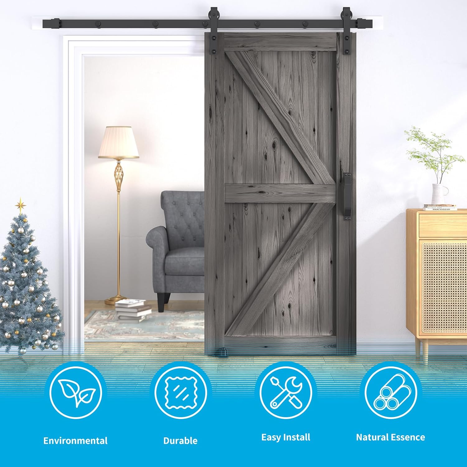 30In x 84In Sliding Barn Door with 5FT Barn Door Hardware Kit, Barn Doors and Hardware Included for Interior Rooms & Closets, A Simple Assembly is Required (K-Frame, Brown)