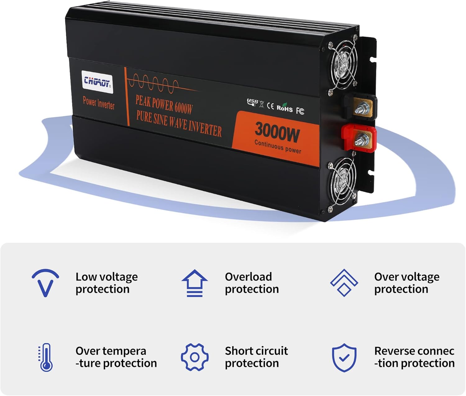 Power Inverter,3000W Pure Sine Wave Inverter DC 12V to AC 120V Car Inverter with LCD Digital Display Remote Control USB Port Power Converter for Travel/Camping