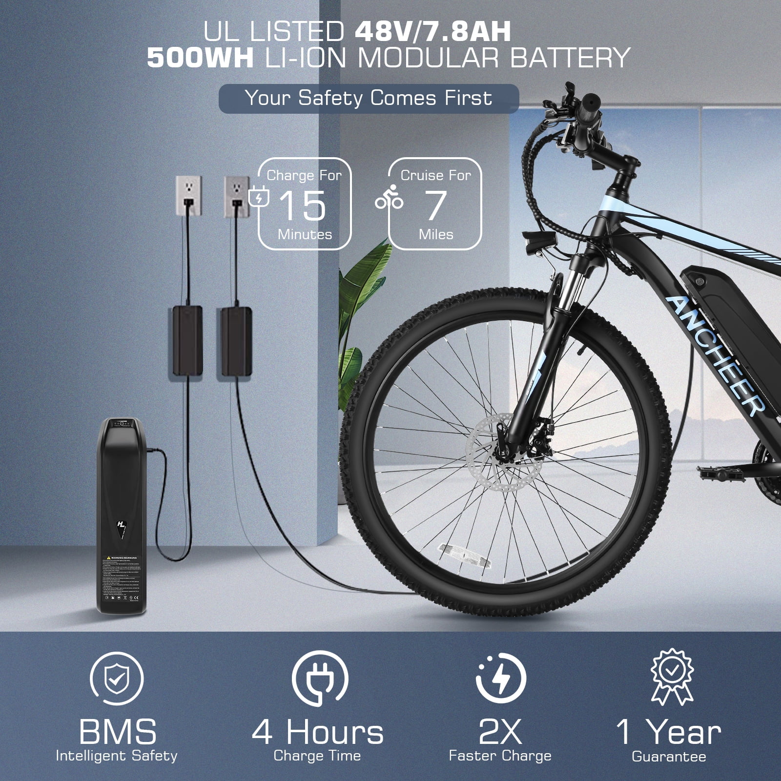 Electric Bike 26" x 2.1" Electric Bike for Adults 500W Electric Mountain Bicycle, 48V Battery City Ebike, Lockable Suspension Fork, Shimano 21 Speed, Electric Commuter Bike UL 2849 Certified