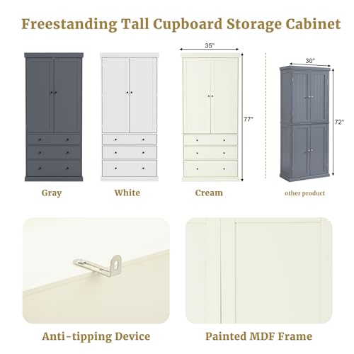 77" Kitchen Pantry with 3 Drawers, 3 Adjustable Shelves, 8 Door Racks, Large Wooden Cupboard, Freestanding Tall Cabinet for Kitchen Dining Room, Grey