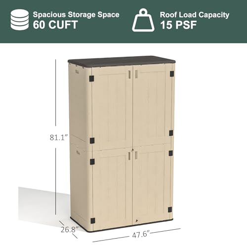 60 Cu.Ft Vertical Outdoor Storage Shed, All-Weather Resin Storage Cabinet Waterproof with Lockable Floor, Tall Backyard Shed for Patio Furniture, Garage, Garden, Pool Accessories, Porch (Khaki)