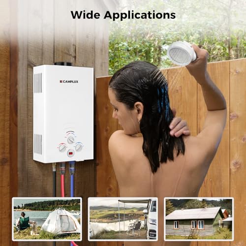 CAMPLUX 2.64 GPM Propane Portable Gas Water Heater, 68,000 BTU Outdoor Tankless Camping Water Heater with Digital Display, White