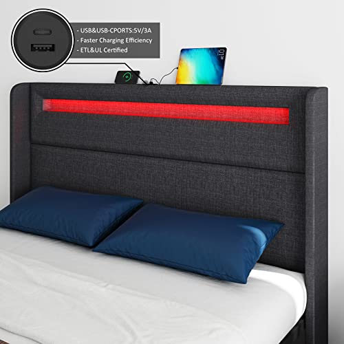 Queen LED Bed Frame with Wingback Headboard, Upholstered Platform Bed with 4 Storage Drawers & Charging Station, App/Remote Control, Box Spring Optional, Dark Grey…