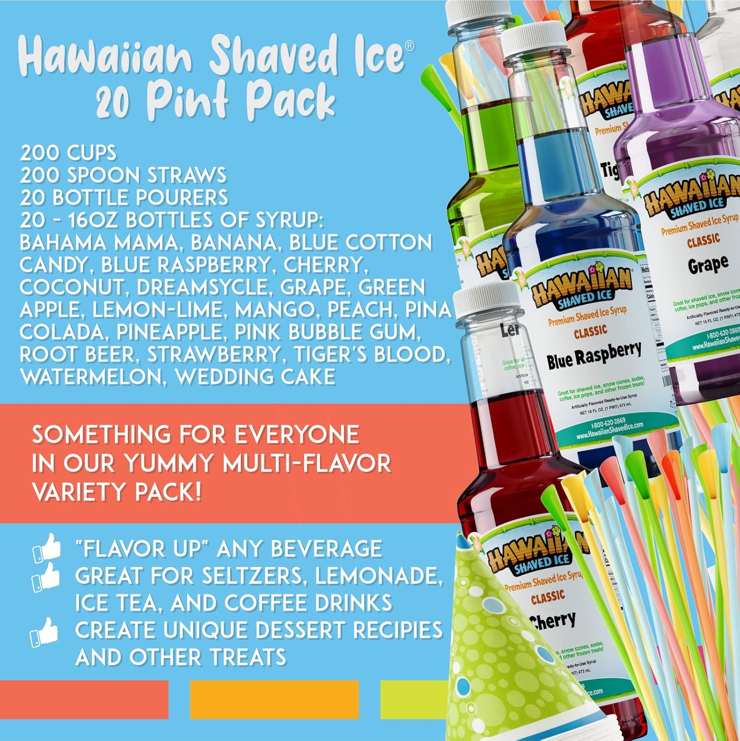 Hawaiian Shaved Ice 10 Flavor Syrups and Accessories bundled with 20 Flavor Syrups and Accessories