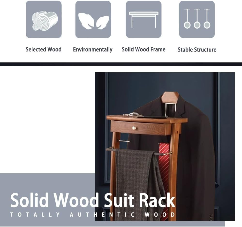 Solid Wood Suit Rack with Pants Bracket, Metal Valet Stand with Heavy Base, Wooden Clothes Valet with Tie Holder, for Living Room, Office, Bedroom 39x30x112.2CM