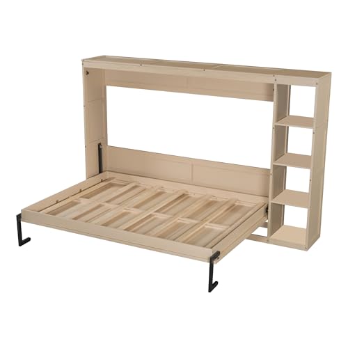 Wooden Murphy Cabinet Bed Frame with Charging Station, Full-Size Foldable Wall Bed with Large Storage Drawer for Home Apartment Limited Living Places, Space-Saving Hidden Bed No Box Spring Needed