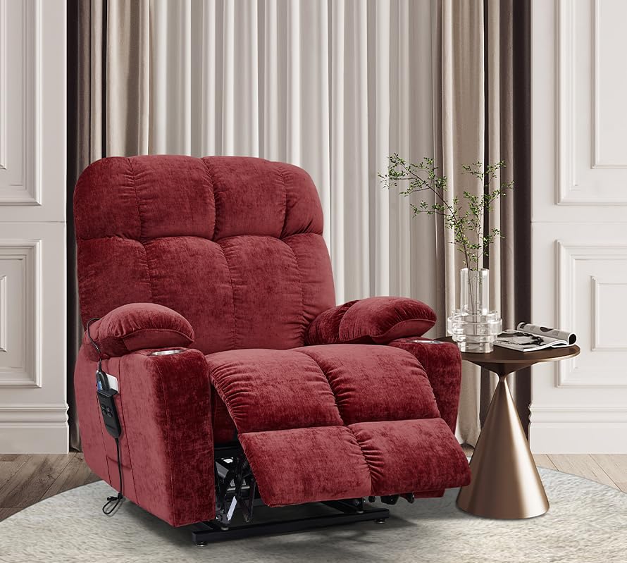 180° Lay Flat Power Lift Recliner Chair with Massage and Heat for Elderly, Dual Motor Upholstered Reclining Sofa with Infinite Position & 2 Side Pockets and Cup Holders for Living Room, Red