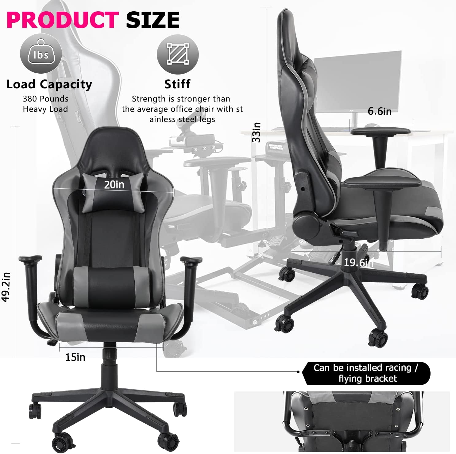Minneer Flight & Racing Simulator Gaming Chair with Adjustable Headrest and Lumbar Pillow Swivel Liftable Office Chair,Gray