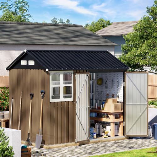 10X12X7.5 FT Outdoor Steel Storage Shed with Lockable Doors, 2 Windows, Transparent Roof Panels (Wood Panels & Frame Floor Not Included), Ideal for Patio Storage,Garbage Can, Chicken Coop，Brown