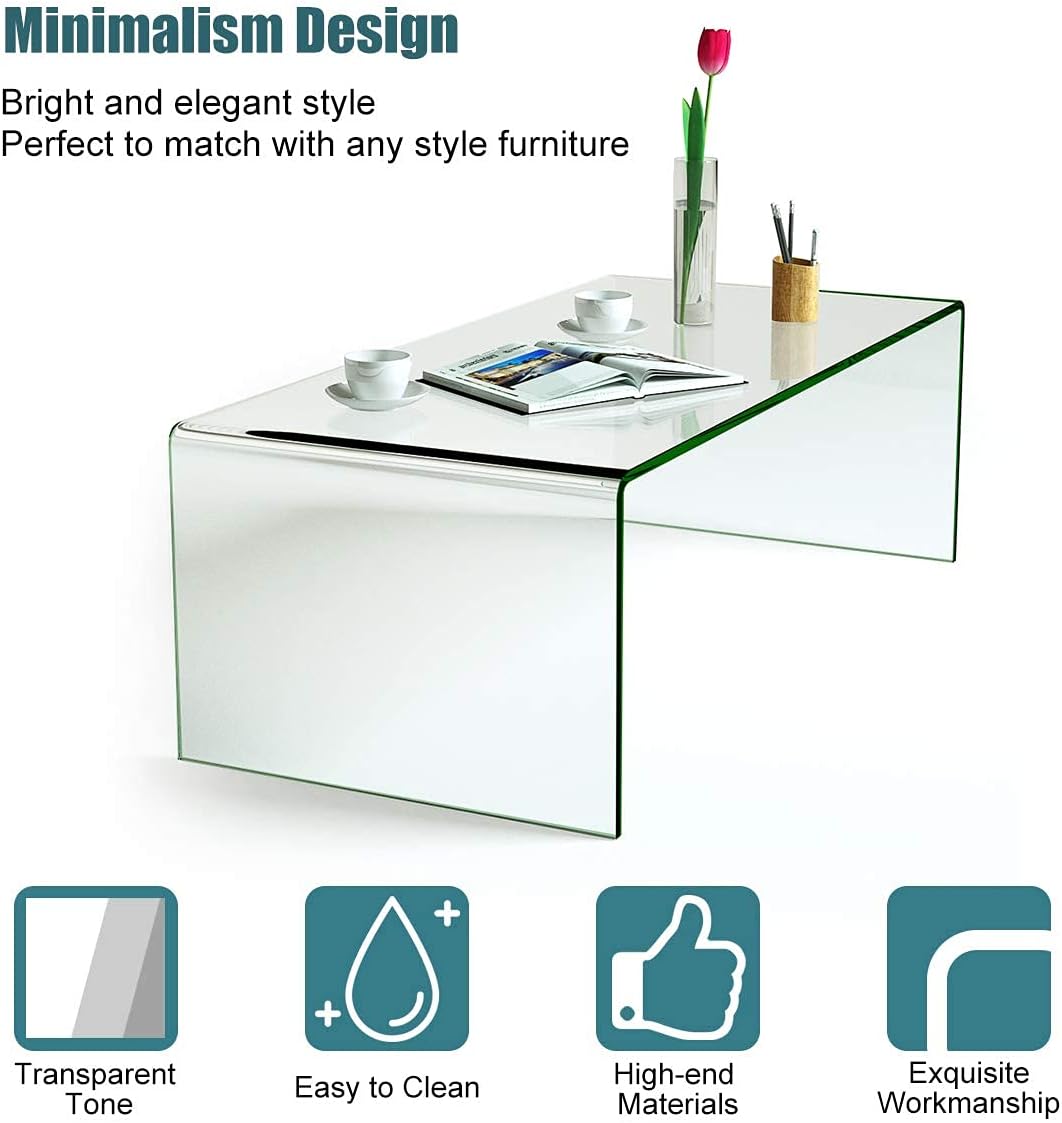 Casart Glass Coffee Table, U-Shape Tempered Glass Tea Table with Smooth Round Edges, Simple Minimalist Waterfall End Table for Living Room Office Hotel, No Assembly