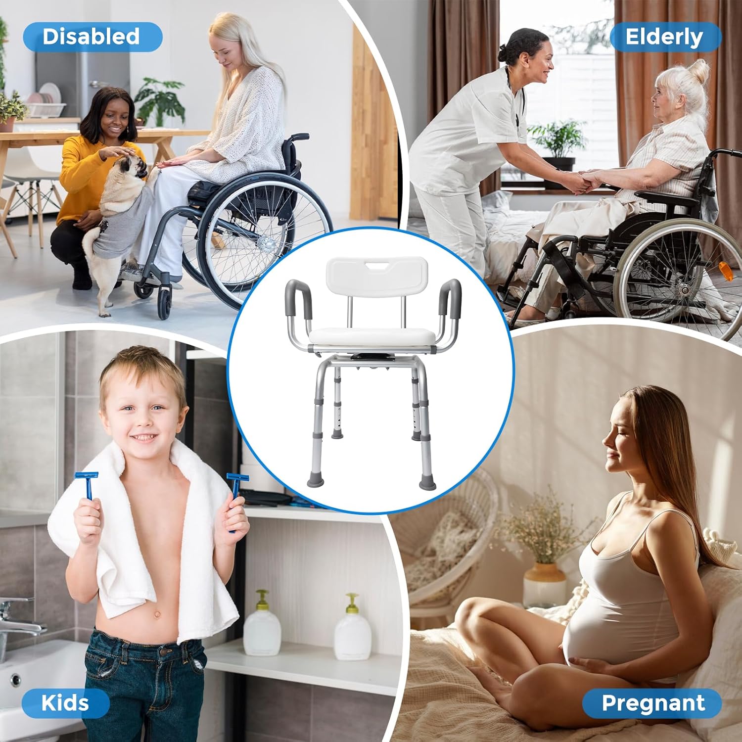 LUNYEE 360° Swivel Shower Chair for Elderly and Disabled Support 400lbs Non-Slip Sliding Shower Chair for Inside Shower with Bath Rug & Back Scrubber Bath Chairs for Seniors Tub with Arms and Back