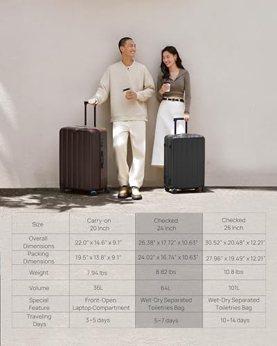 Carry on Luggage 22 X 14 X 9 Airline Approved, 20 Inch Luggage with Front Compartment, Double Spinner Wheels, Hardsided PC, TSA Lock (Shadow, Seine)