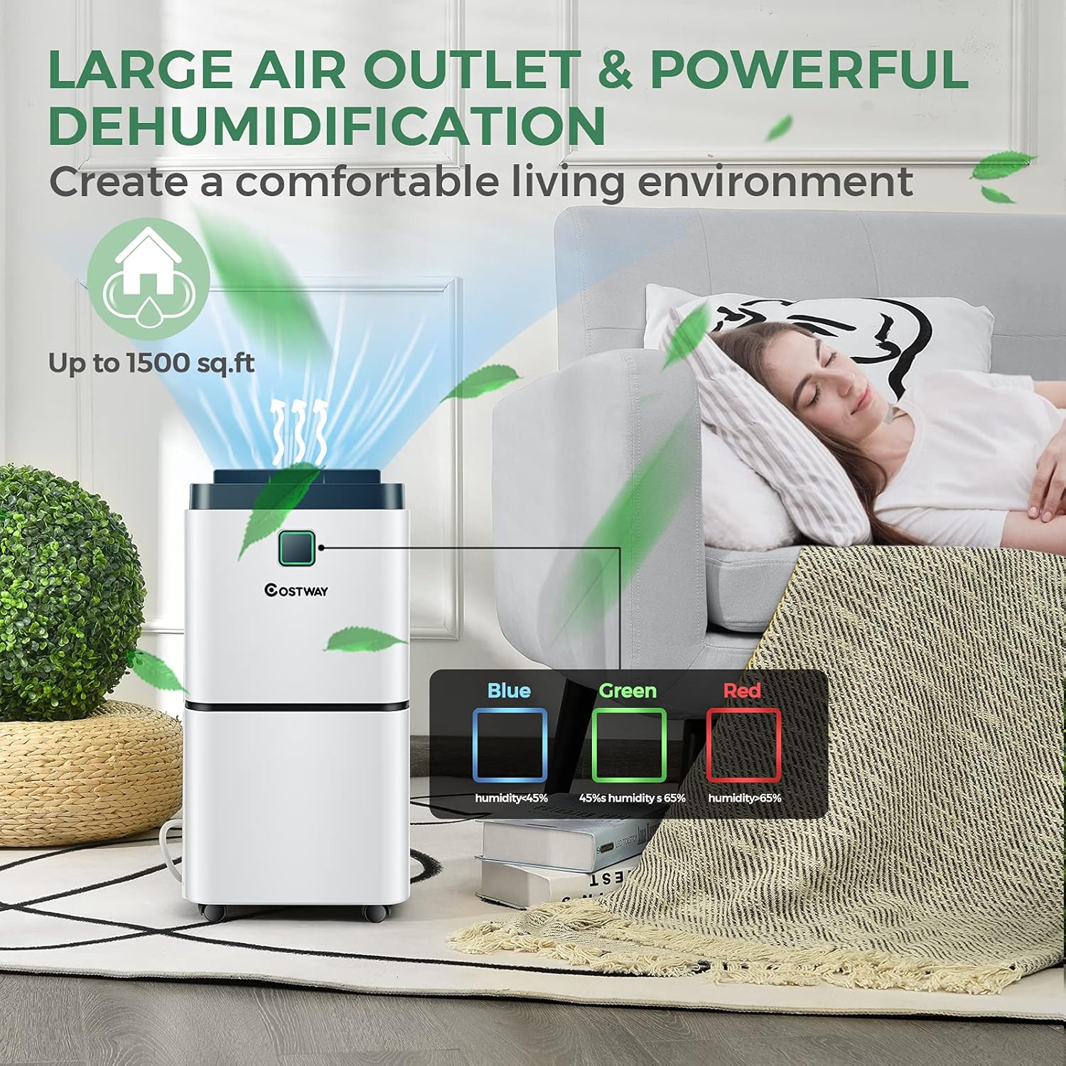 COSTWAY 1500 Sq. Ft Dehumidifier for Home & Medium Spaces, Portable 24 Pints Dehumidifier w/ 3 Color LED Light, 3 Modes, 2 Speeds, 12H Timer, Auto or Manual Drainage, 0.5 Gallon Water Tank & 4 Wheels
