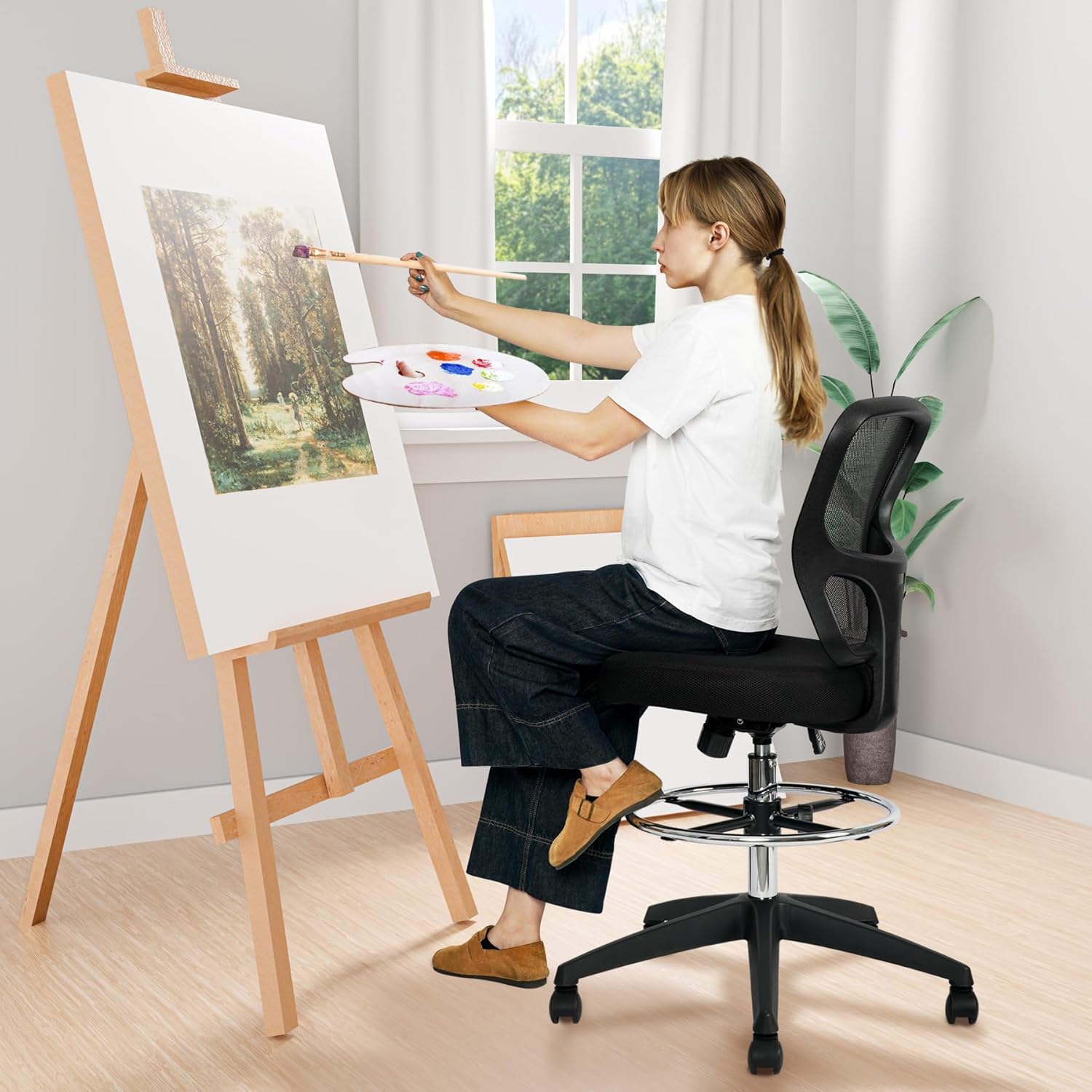 HYLONE Drafting Chairs Adjustable Height Stool Chair Armless Tall Office Chair High Back Ergonomic Office Chair Standing Desk Chair Armless Office Desk Chairs Drafting Swivel Chair with Footrest