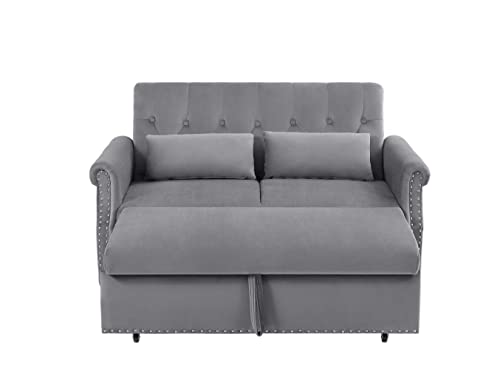 55" Button Tufted Upholstered Nailhead Decor Futon Loveseat Daybed Convertible Sleep Sofabed,3 in1 Reclining Backrest Love Seat w/Pull Out Sleeper Couch Bed Sofas, Gray Velvet 2 Pillows