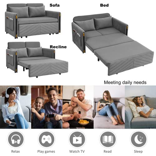 54" Modern Velvet Convertible Sofa Bed with 2 Detachable Arm Pockets, Velvet Loveseat Multi-position adjustable Sofa, Pull Out Bed with Bedhead, Sofa Sleeper with 2 Pillows for Living Room, Gray